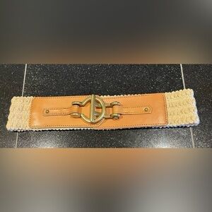 Fossil Belt Macrame & Leather Stretch - Brass Bit And Ring Hardware/SZ. Sm. NWT